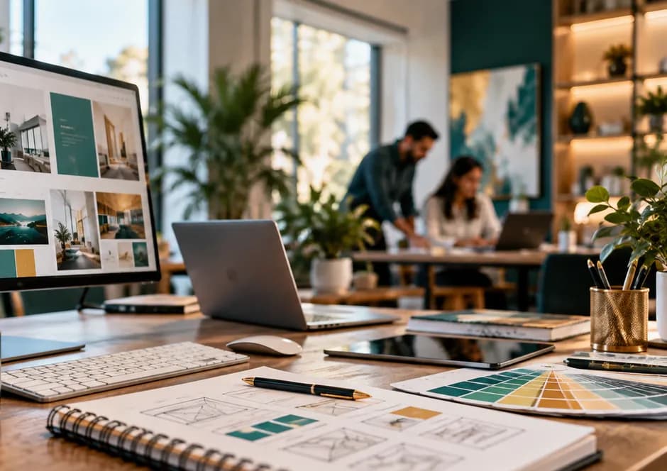 Digital design workstation with a website preview, sketchbooks and color swatches